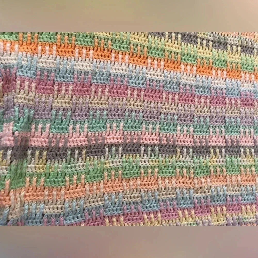 Vintage Homemade Granny Pastel Crochet Rainbow Blanket Large Oversized Throw 5x6